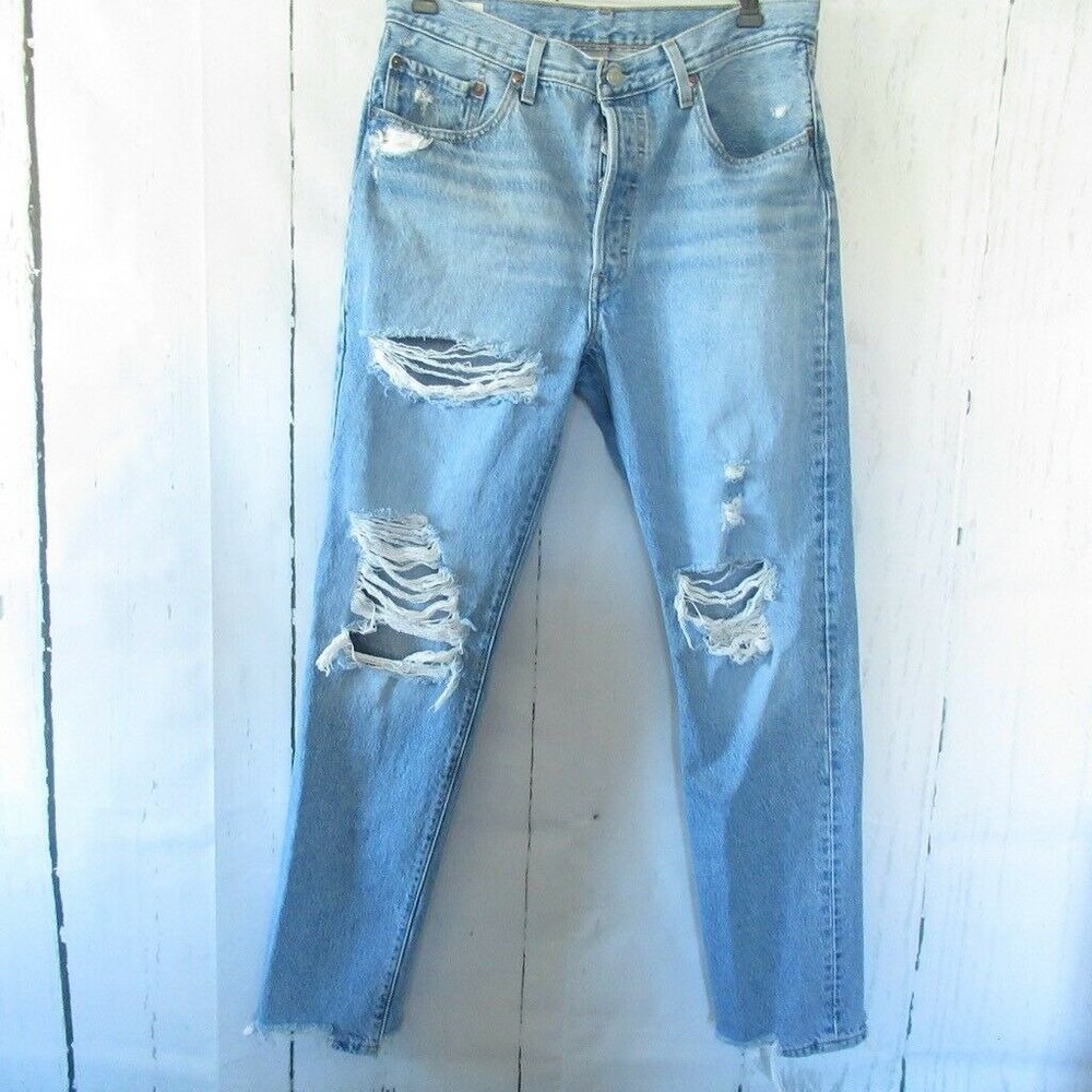 Levis 501 Premium Jeans 31 Destroyed Holes Mom Button Fly Light Wash High Rise